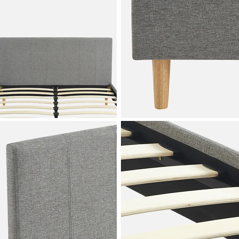 Lit avec sommier à lattes et tête de lit. finition tissu. gris clair. L 202 x P 148 x H 89cm