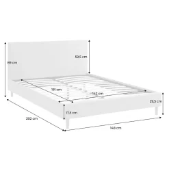 Lit avec sommier à lattes et tête de lit. finition tissu. gris clair. L 202 x P 148 x H 89cm