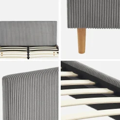 Lit avec sommier à lattes et tête de lit. L 202 x P 148 x H 89cm. gris. finition velours côtelé (grosse côte)