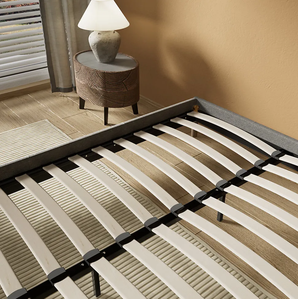 Lit avec sommier lattes en bois - 140x190 cm - Tissu Gris - Pieds en bois