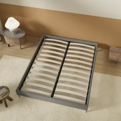 Lit avec sommier lattes en bois - 160x200 cm - Tissu Gris - Pieds en bois