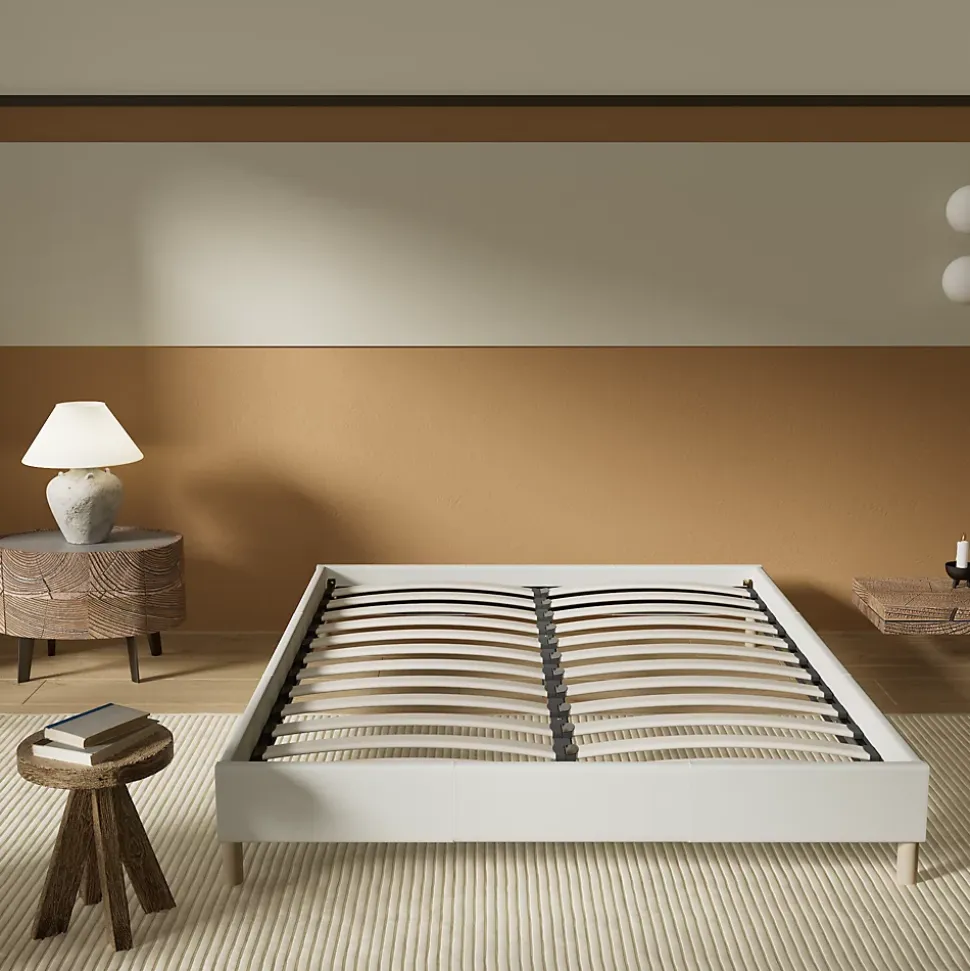 Lit avec sommier lattes en bois - 140x200 cm - Tissu Blanc - Pieds en bois