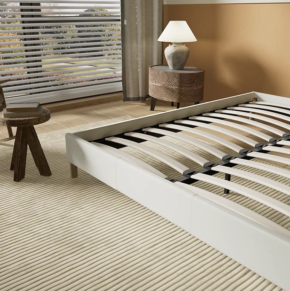 Lit avec sommier lattes en bois - 140x200 cm - Tissu Blanc - Pieds en bois