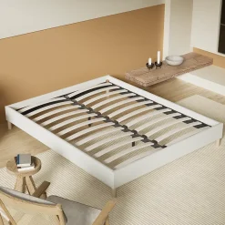 Lit avec sommier lattes en bois - 140x200 cm - Tissu Blanc - Pieds en bois