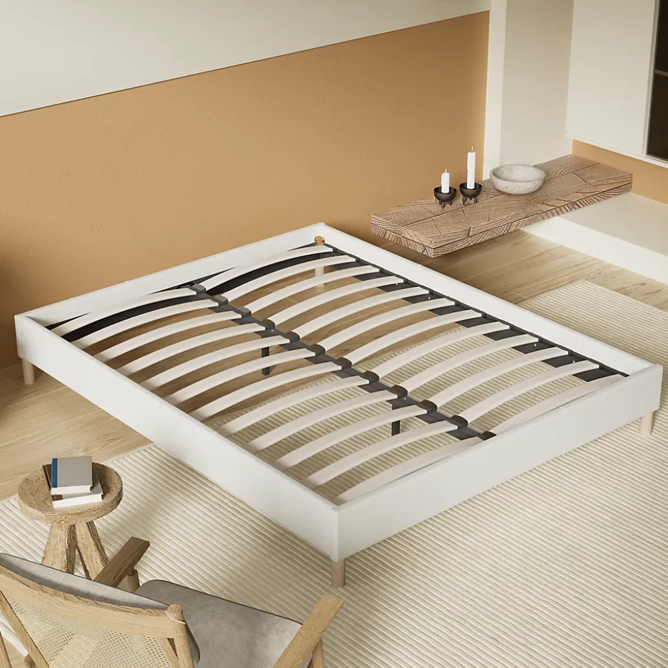 Lit avec sommier lattes en bois - 140x200 cm - Tissu Blanc - Pieds en bois