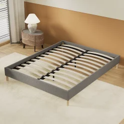 Lit avec sommier lattes en bois - 120x190 cm - Tissu Gris - Pieds en bois