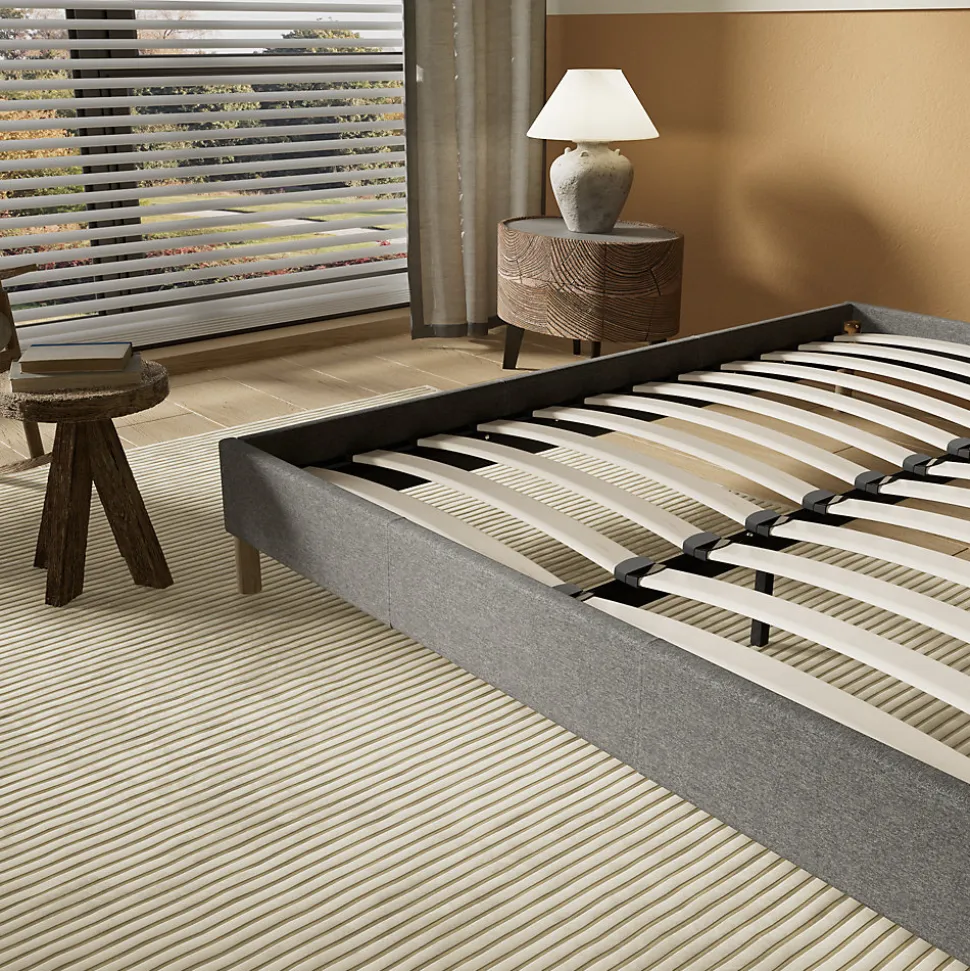 Lit avec sommier lattes en bois - 140x200 cm - Tissu Gris - Pieds en bois