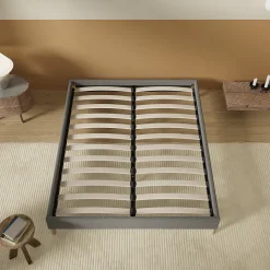 Lit avec sommier lattes en bois - 140x200 cm - Tissu Gris - Pieds en bois