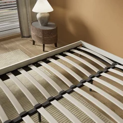 Lit avec sommier lattes en bois - 160x200 cm - Tissu Blanc - Pieds en bois