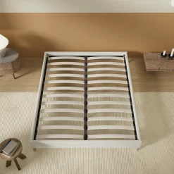 Lit avec sommier lattes en bois - 160x200 cm - Tissu Blanc - Pieds en bois