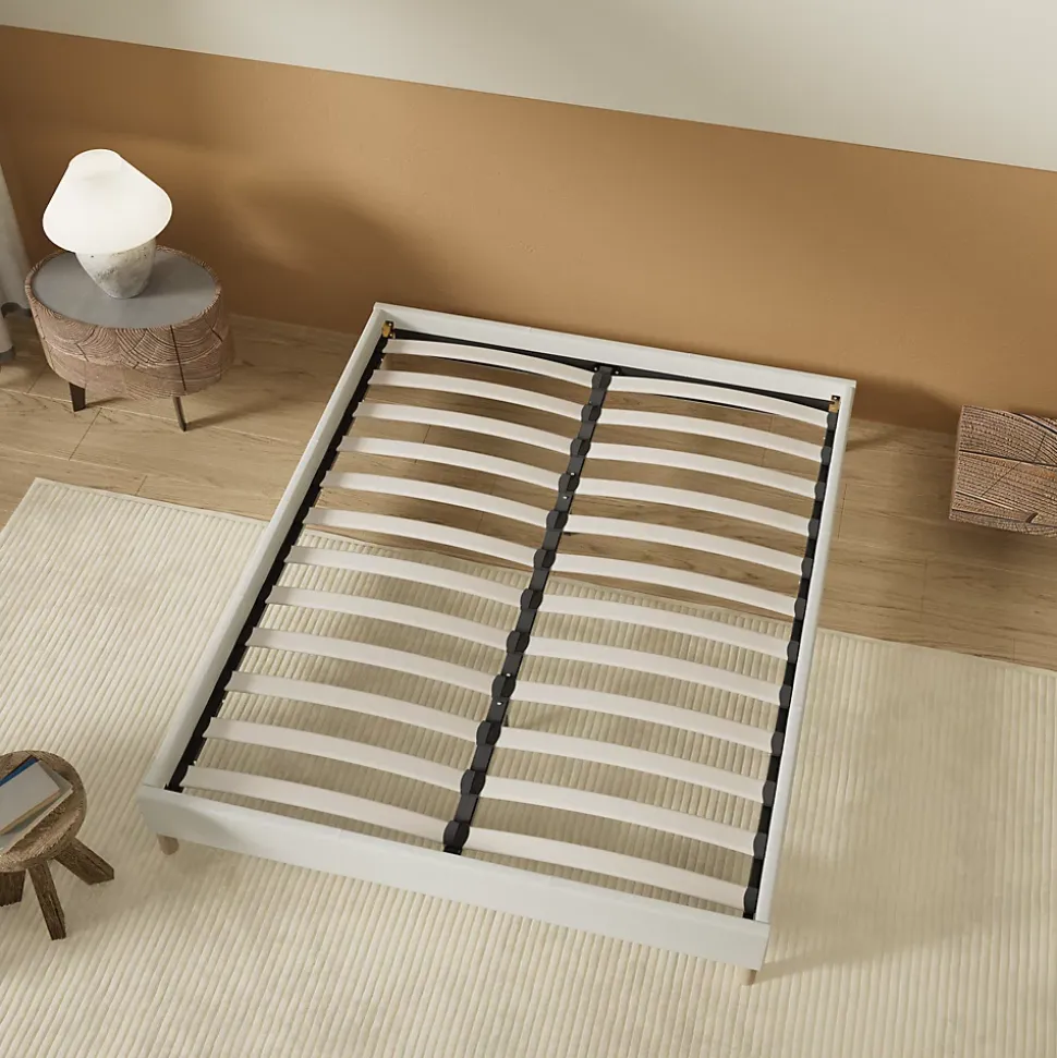 Lit avec sommier lattes en bois - 160x200 cm - Tissu Blanc - Pieds en bois