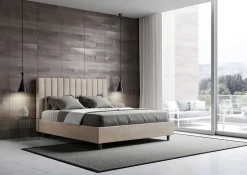 Lit avec sommier rembourré 160x200 Agueda sable microfibre