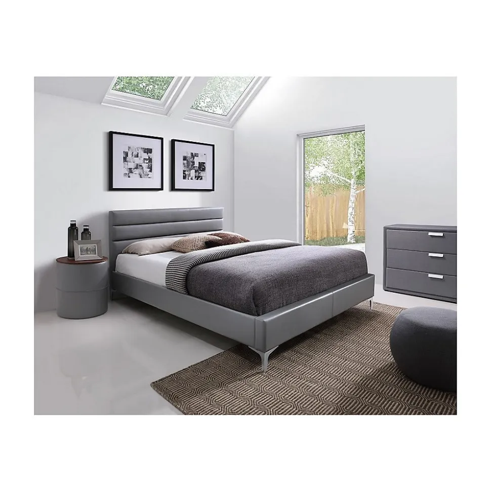 Lit avec sommier THOMAS 160x200 en simili cuir, coloris gris 215 x 99,5 x 165 cm