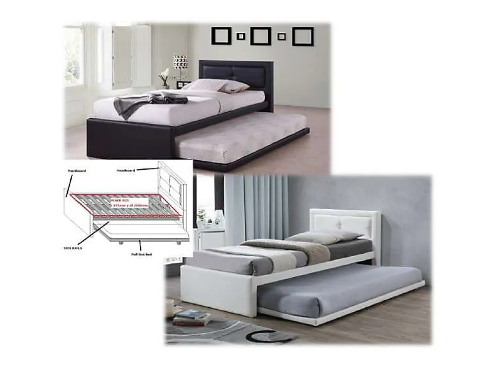 Lit avec tiroir-lit RODAN 90x200 cm en simili cuir coloris noir, sommier inclus.