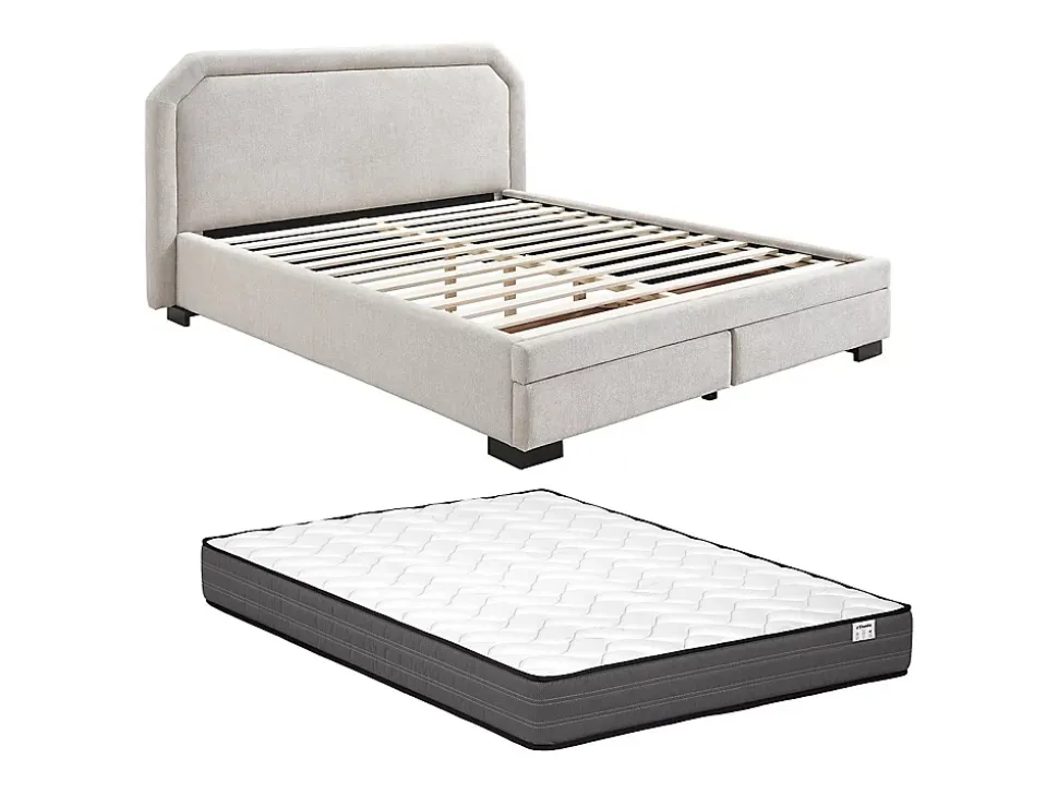 Lit avec tiroirs 160 x 200 cm - Tissu - Beige + Matelas - INASTO
