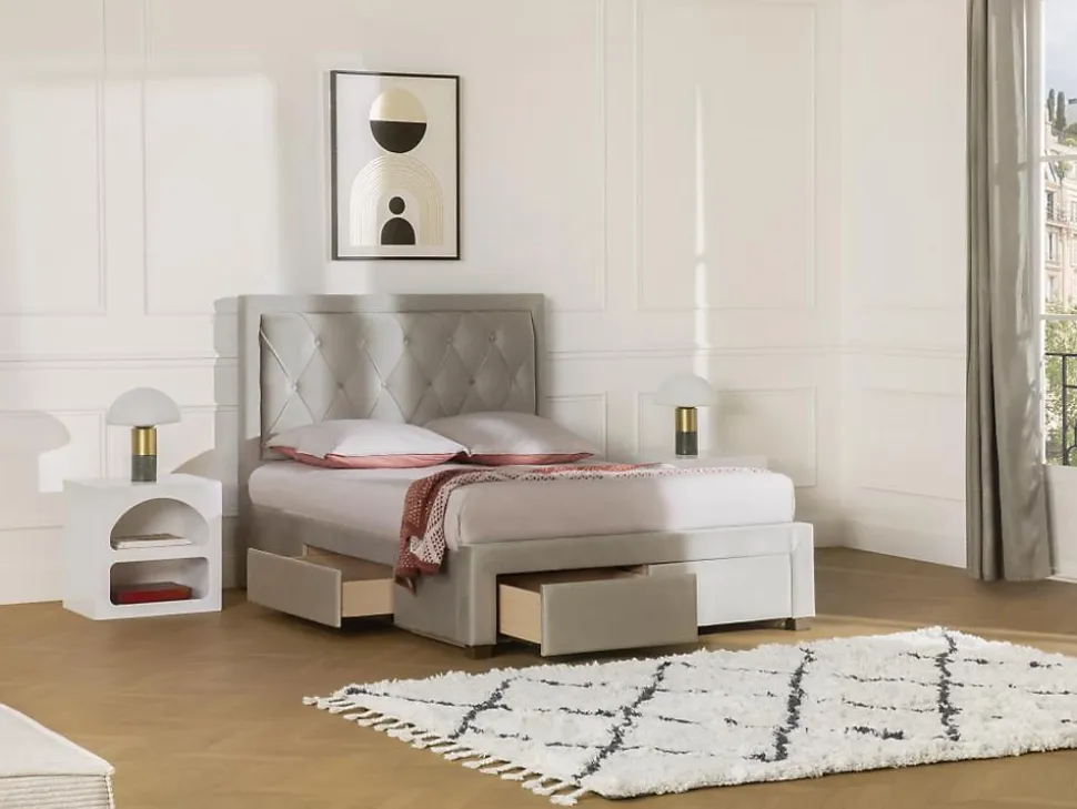 Lit avec tiroirs 160 x 200 cm - Tissu velours - Beige + Matelas - LEOPOLD