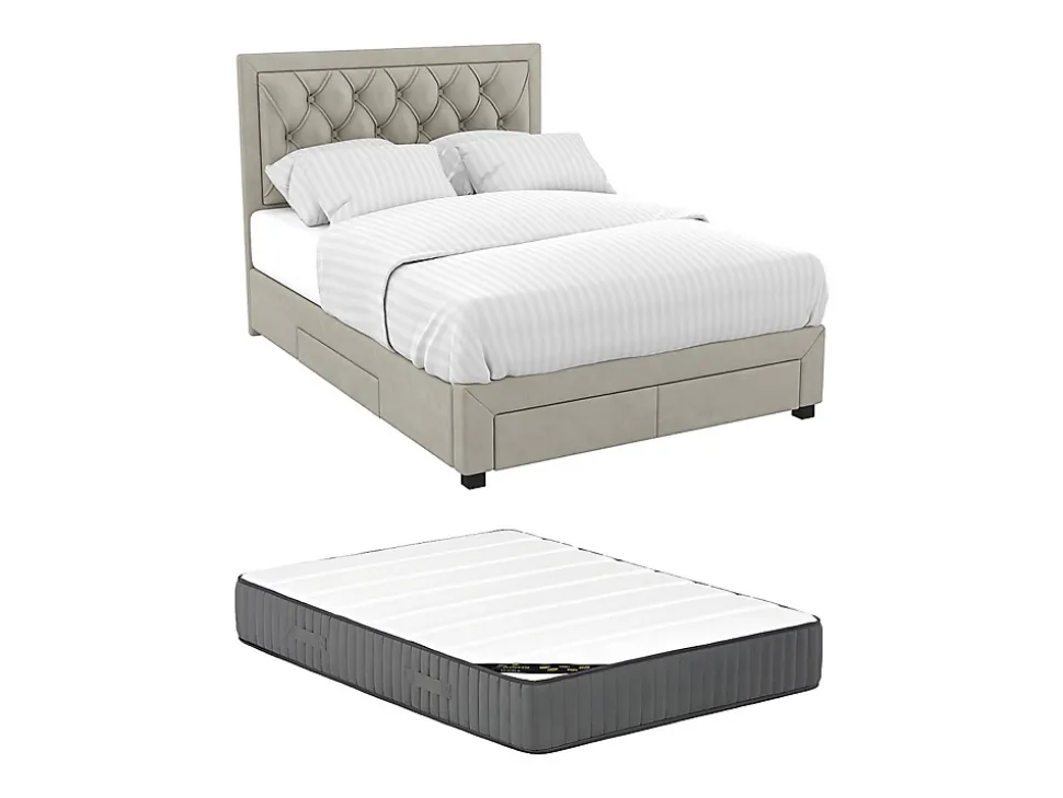 Lit avec tiroirs 160 x 200 cm - Tissu velours - Beige + Matelas - LEOPOLD