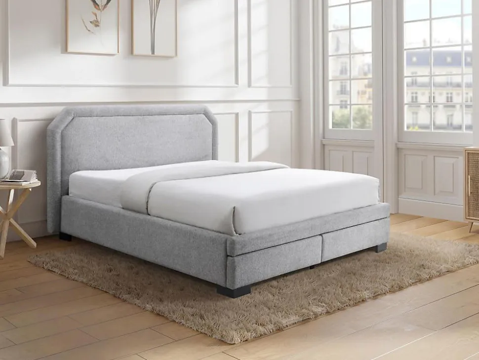 Lit avec tiroirs 140 x 190 cm - Tissu - Gris clair - INASTO