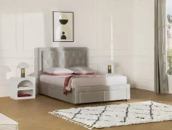 Lit avec tiroirs 180 x 200 cm - Tissu velours - Beige + Matelas - LEOPOLD