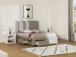 Lit avec tiroirs 140 x 190 cm - Tissu velours - Beige + Matelas - LEOPOLD