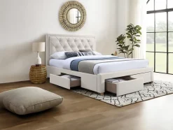 Lit avec tiroirs 160 x 200 cm - Tissu - Beige - LEOPOLD