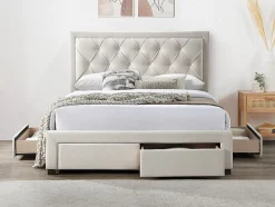 Lit avec tiroirs 160 x 200 cm - Tissu - Beige - LEOPOLD