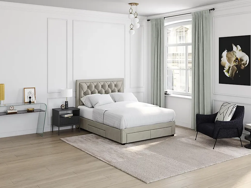 Lit avec tiroirs 140 x 190 cm - Tissu velours - Beige - LEOPOLD