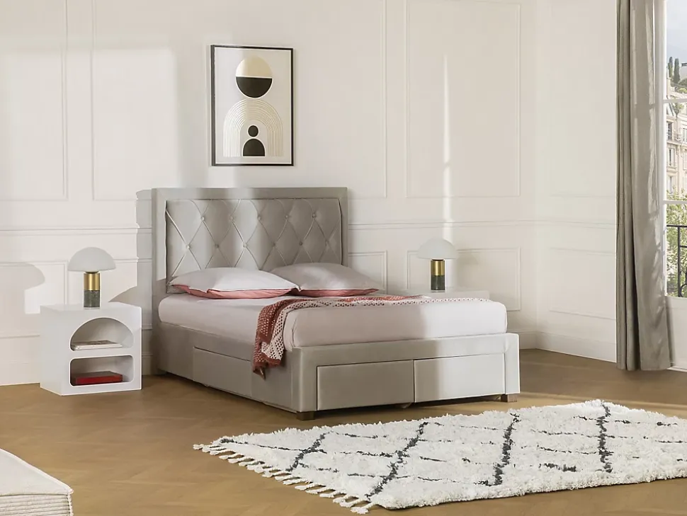 Lit avec tiroirs 140 x 190 cm - Tissu velours - Beige - LEOPOLD