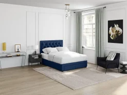 Lit avec tiroirs 160 x 200 cm - Tissu velours bleu + Matelas - LEOPOLD