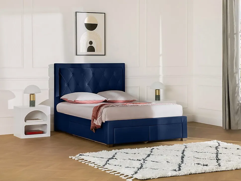 Lit avec tiroirs 160 x 200 cm - Tissu velours bleu - LEOPOLD