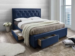 Lit avec tiroirs 160 x 200 cm - Tissu velours bleu - LEOPOLD