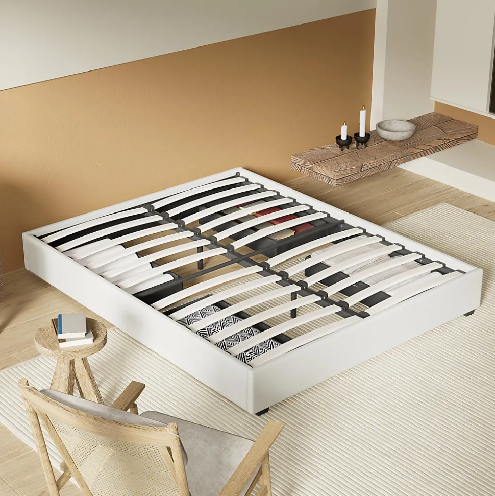 Lit avec tiroirs 140 x 190 cm, Sommier à lattes en bois, Cadre en tissu blanc