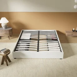 Lit avec tiroirs 140 x 190 cm, Sommier à lattes en bois, Cadre en tissu blanc