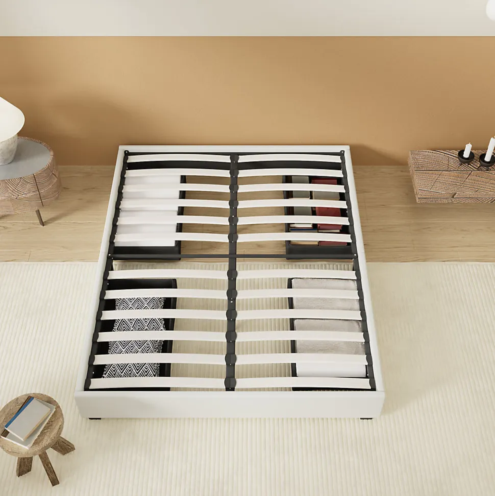 Lit avec tiroirs 140 x 190 cm, Sommier à lattes en bois, Cadre en tissu blanc