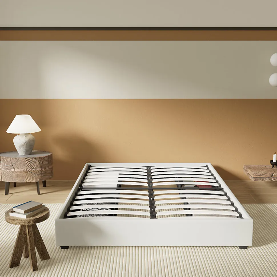 Lit avec tiroirs 140 x 190 cm, Sommier à lattes en bois, Cadre en tissu blanc