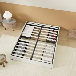 Lit avec tiroirs 140 x 190 cm, Sommier à lattes en bois, Cadre en tissu blanc