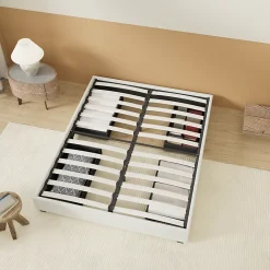 Lit avec tiroirs 140 x 200 cm, Sommier à lattes en bois, Cadre en tissu blanc