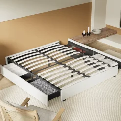 Lit avec tiroirs 140 x 200 cm, Sommier à lattes en bois, Cadre en tissu blanc