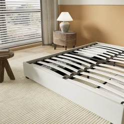 Lit avec tiroirs 140 x 200 cm, Sommier à lattes en bois, Cadre en tissu blanc