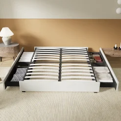 Lit avec tiroirs 140 x 200 cm, Sommier à lattes en bois, Cadre en tissu blanc