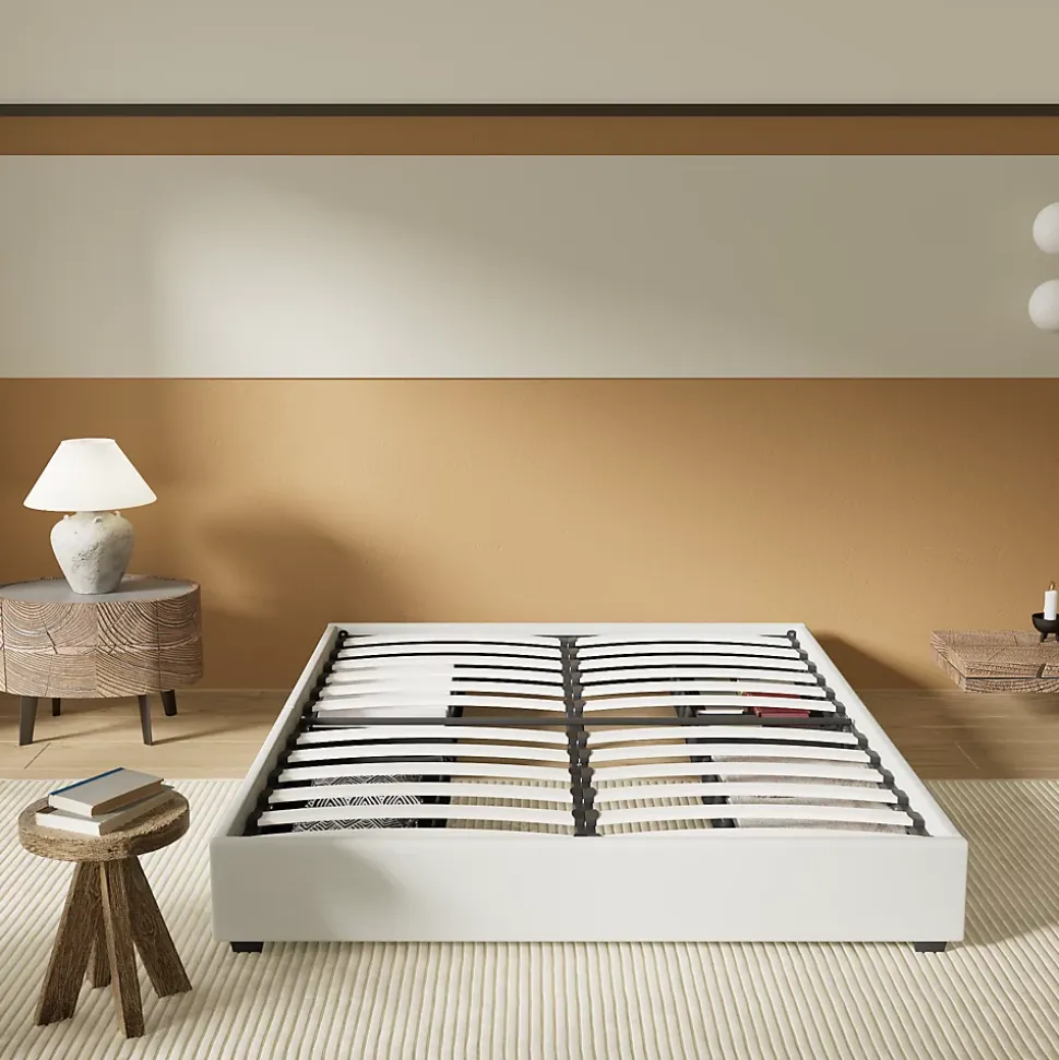 Lit avec tiroirs 140 x 200 cm, Sommier à lattes en bois, Cadre en tissu blanc