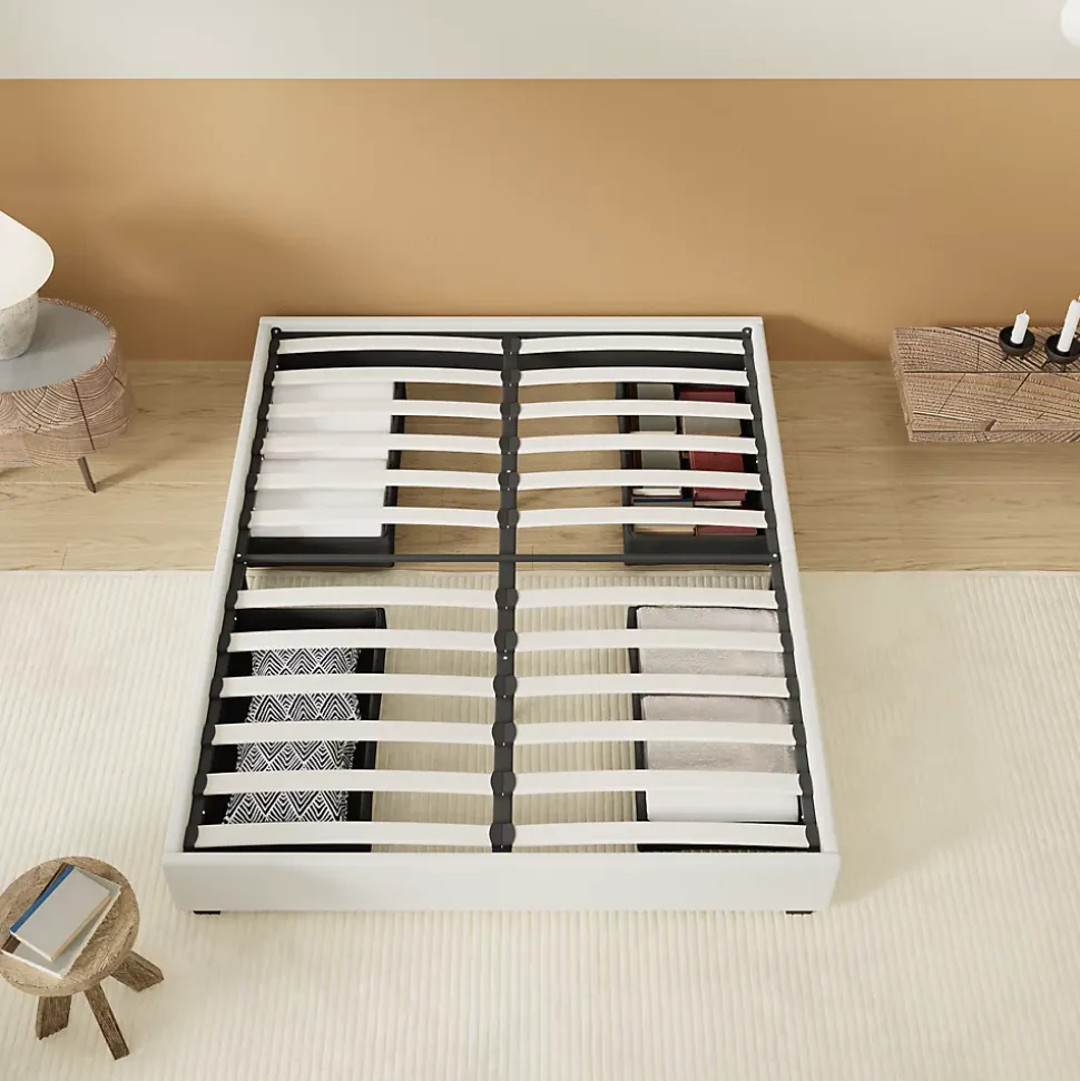 Lit avec tiroirs 140 x 200 cm, Sommier à lattes en bois, Cadre en tissu blanc