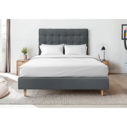 Lit avec tête de lit capitonnée velours et sommier - Lit en bois massif