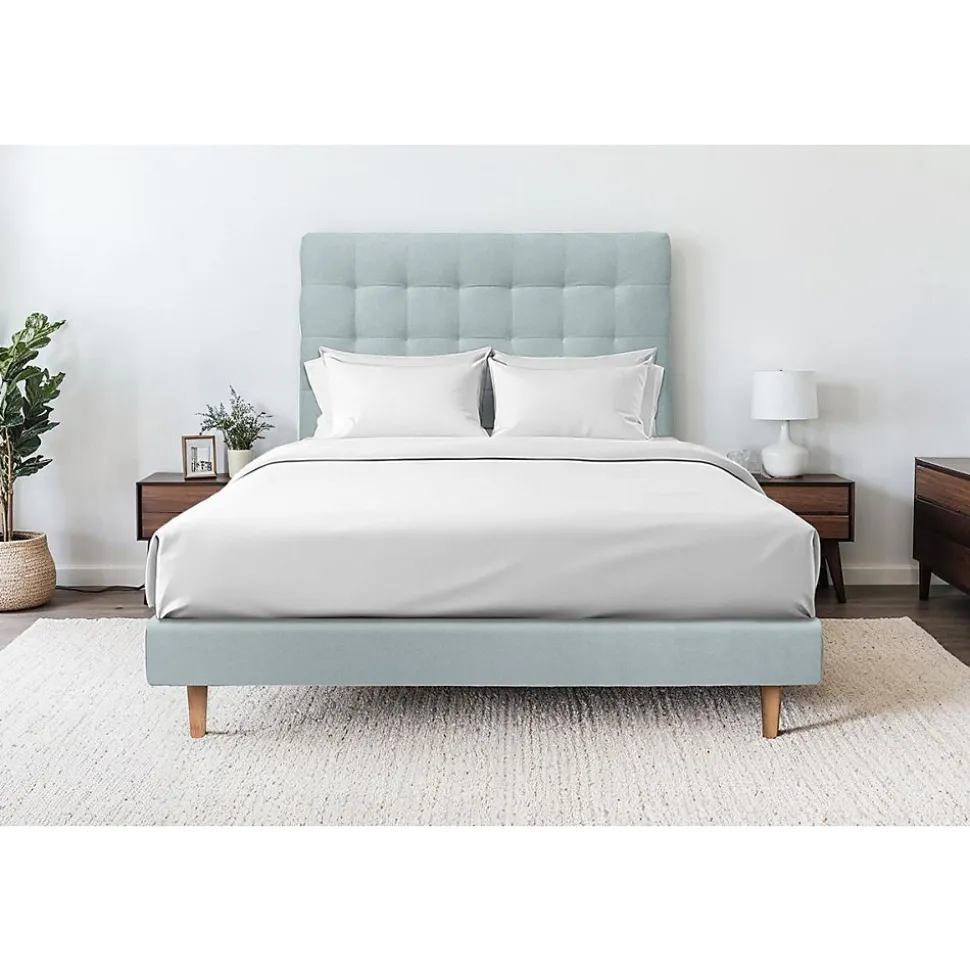 Lit avec tête de lit capitonnée velours et sommier - Lit en bois massif