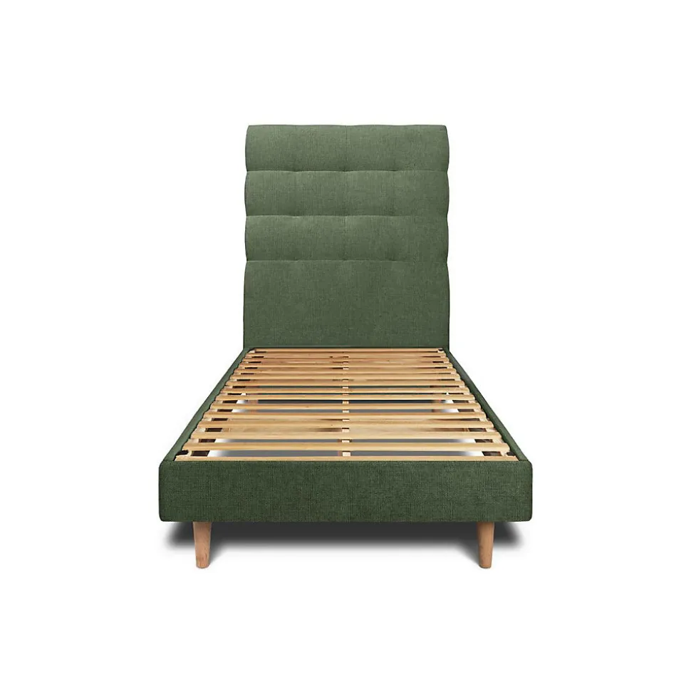 Lit avec tête de lit capitonnée tissu et sommier kit - Lit en bois massif