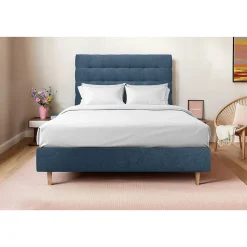 Lit avec tête de lit capitonnée tissu et sommier tapissier - Lit en bois massif