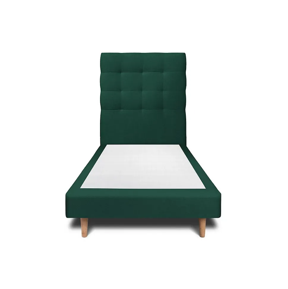 Lit avec tête de lit capitonnée velours et sommier - Lit en bois massif