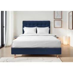 Lit avec tête de lit capitonnée velours et sommier - Lit en bois massif