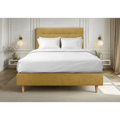 Lit avec tête de lit capitonnée tissu et sommier tapissier - Lit en bois massif