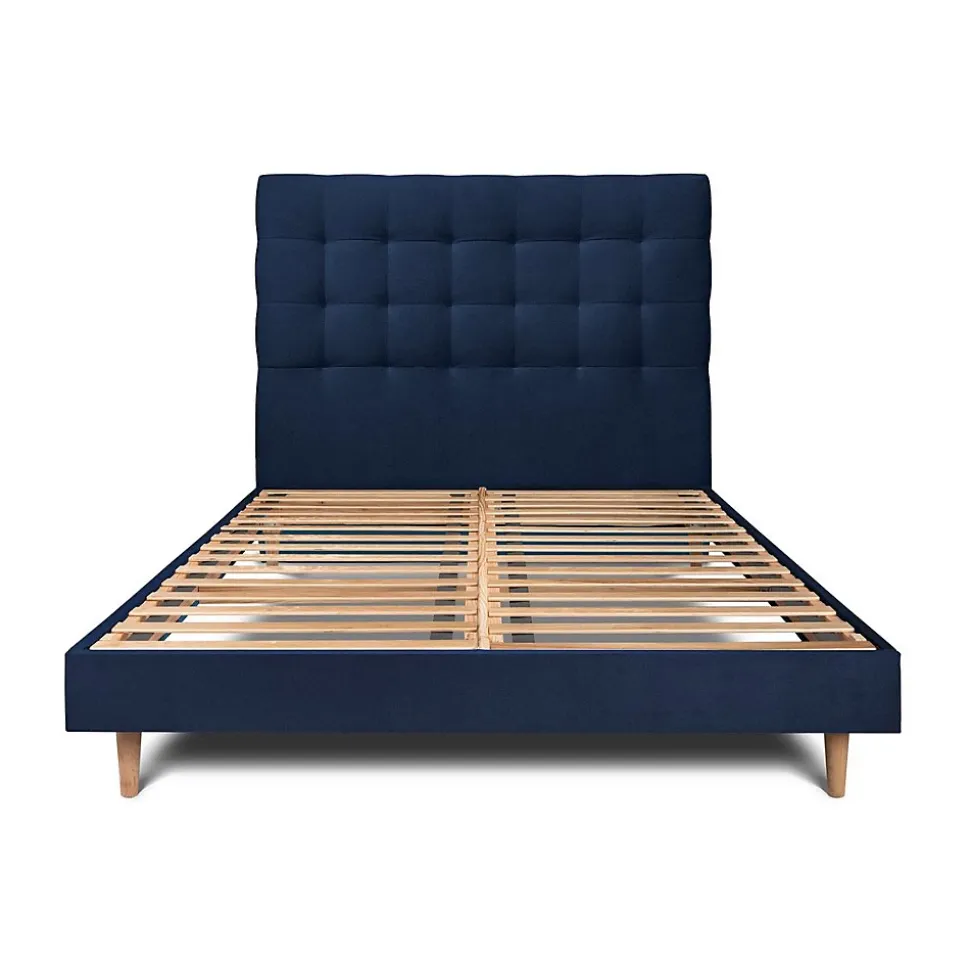 Lit avec tête de lit capitonnée velours et sommier kit - Lit en bois massif